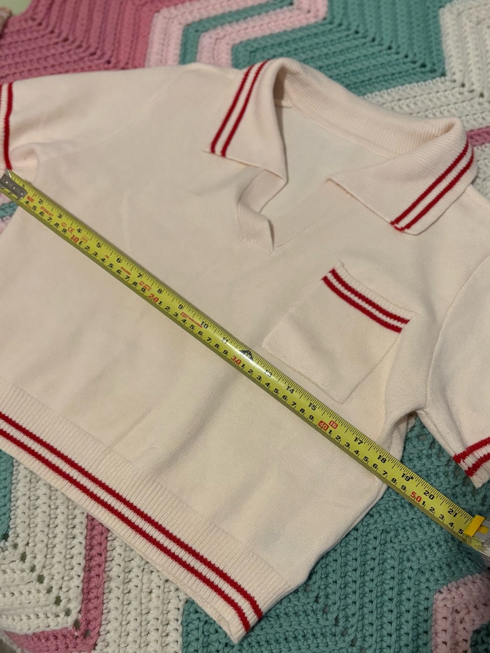 Women’s Short Sleeve Collared Polo Sweater with Red Stripe Detail - Picture 3 of 6
